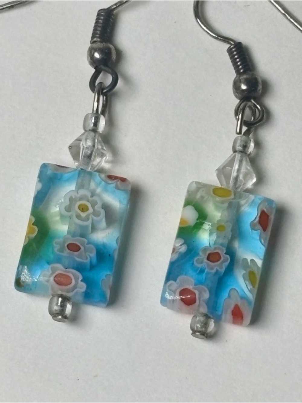 Blue Millefiori Glass Floral Drop Earrings